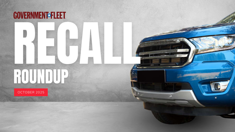 Graphic for Government Fleet’s October 2025 Recall Roundup showing a blue pickup truck and bold text reading “RECALL ROUNDUP” with a red tag labeled “October 2025” on a concrete background.