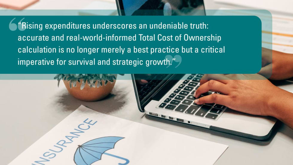 Laptop workspace with an insurance document and a highlighted quote about the importance of accurate Total Cost of Ownership calculations for fleet management in a rising cost environment.
