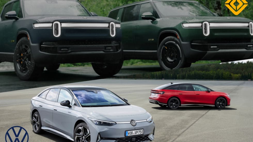 Two images split in a graphic depicting cars from Rivian and Volkswagen.
