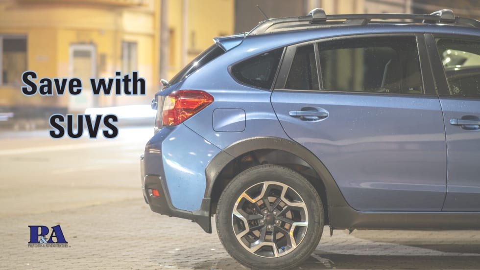 blue subaru crosstrek in city with Save with SUVS text and Providers and Administrators logo