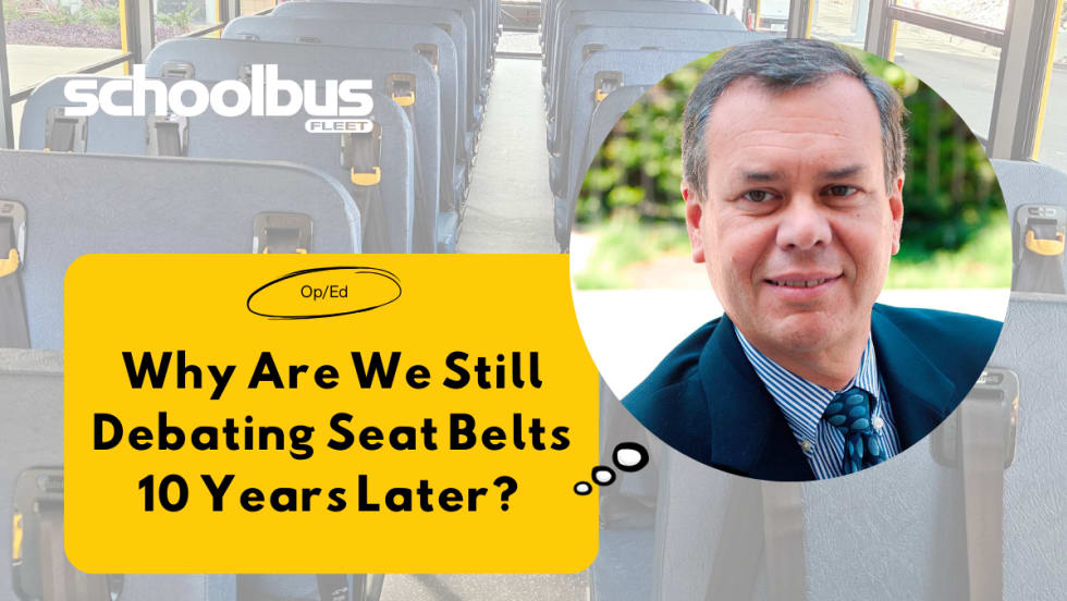 a photo of seat belts on a school bus with a headshot of derek graham and text that reads "why are we still debating seat belts 20 years later?"