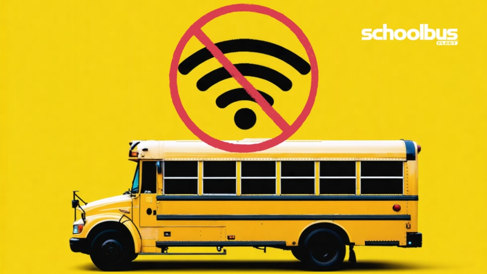A yellow school bus on a bright yellow background with a large “no Wi-Fi” symbol above it