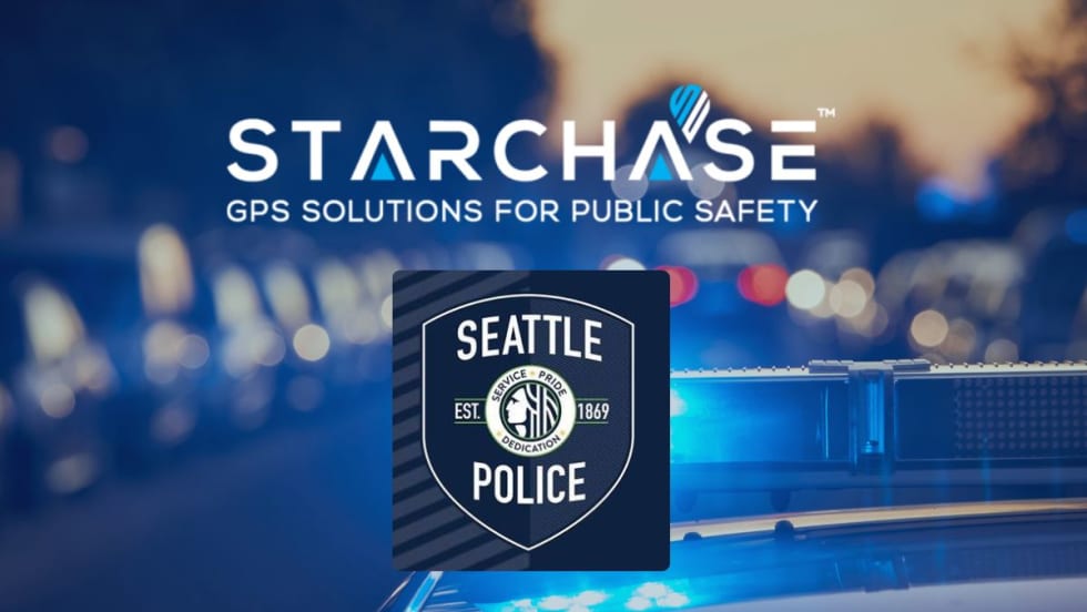  A background picture of a police car with the patrol lights on and the Seattle Police Department and StarChase logos.