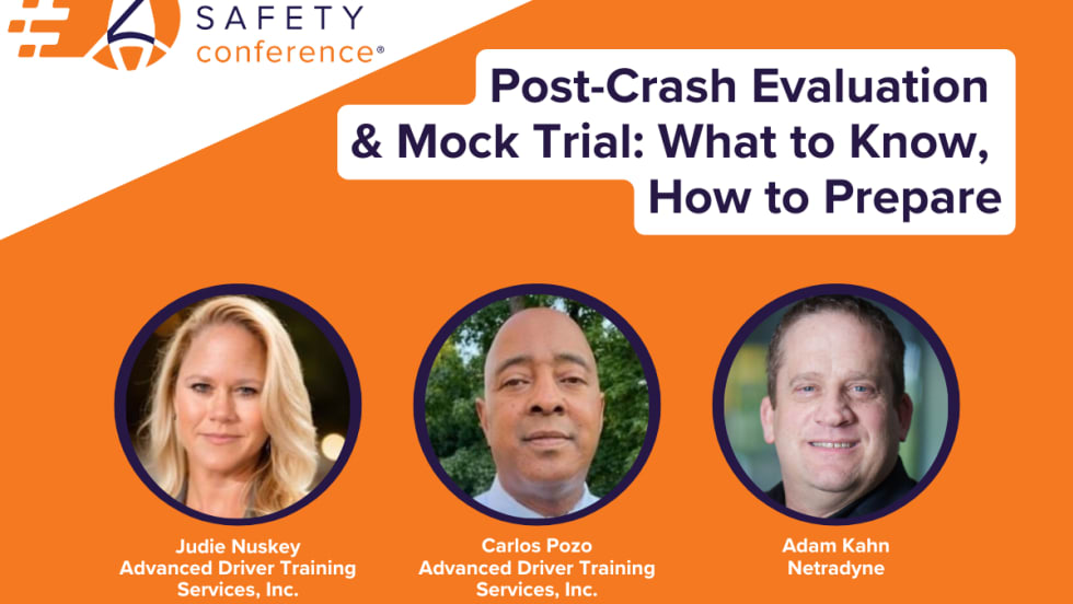 An orange and white graphic with a Fleet Safety Conference logo announcing the seminar "Post-Crash Evaluation & Mock Trial: What to Know, How to Prepare" and its panelists.