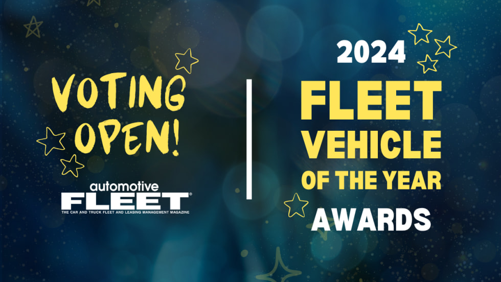 A blue and yellow graphic announcing that voting is open for the 2024 Fleet Vehicle of the Year Awards.