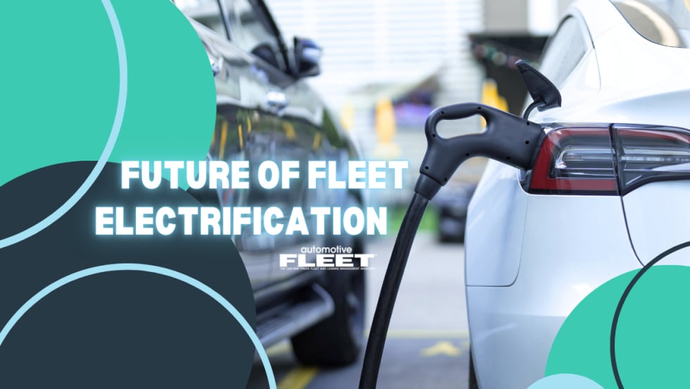 Image of an electric car plugged into to a charging port with the words "Future of Fleet Electrification" in neon sign font.