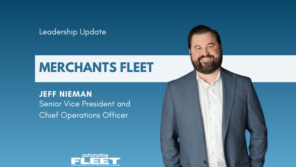 A blue and white graphic detailing Jeff Nieman's new role at Merchants Fleet.