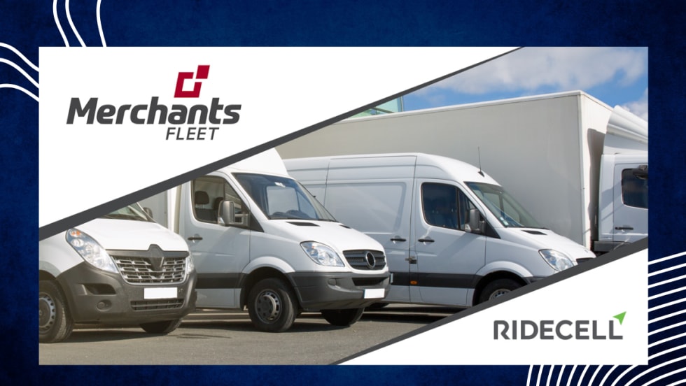 An image depicting white fleet vehicles diagonally sandwiched by Merchants Fleet and Ridecell logos, respectfully. 