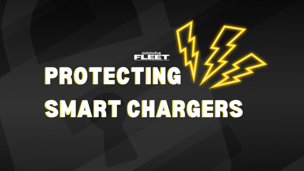Black and white graphic with the words "Securing Smart Chargers" embellished with neon yellow lightning bolts.