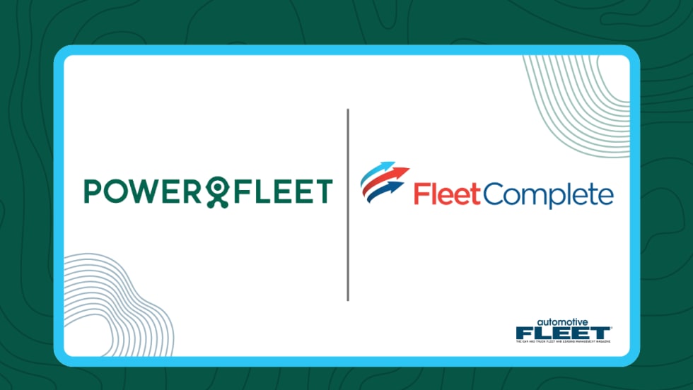 Dark green and light blue graphic with Powerfleet and Fleet Complete logos. 