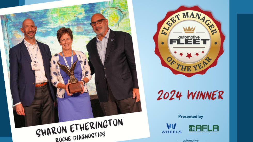 A blue and red graphic announcing Sharon Etherington as the 2024 Fleet Manager of the Year. A picture of her on stage with the award is included.