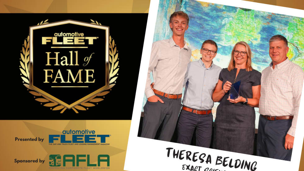 A black and gold graphic with an emblem for "Fleet Hall of Fame" and a polaroid element with a picture of Belding and her family.
