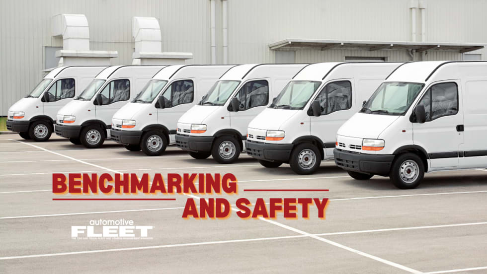 A lineup of white fleet vans in a parking lot with the text "Benchmarking and Safety".