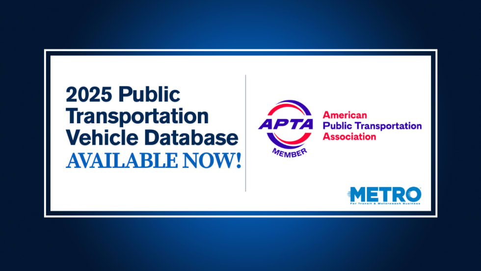 A blue and white graphic with an APTA logo and text reading "2025 Public Transportation Vehicle Database AVAILABLE NOW!"