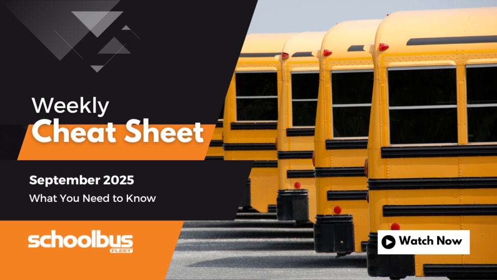 A black and orange graphic with a line up with school buses. Text reads "Weekly Cheat Sheet: September 2025, What You Need to Know."