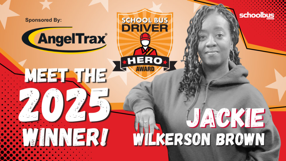 A red and orange graphic with a black and white portrait of Jackie Wilkerson Brown. Text reads, "Meet the 2025 Winner! Jackie Wilkerson Brown."