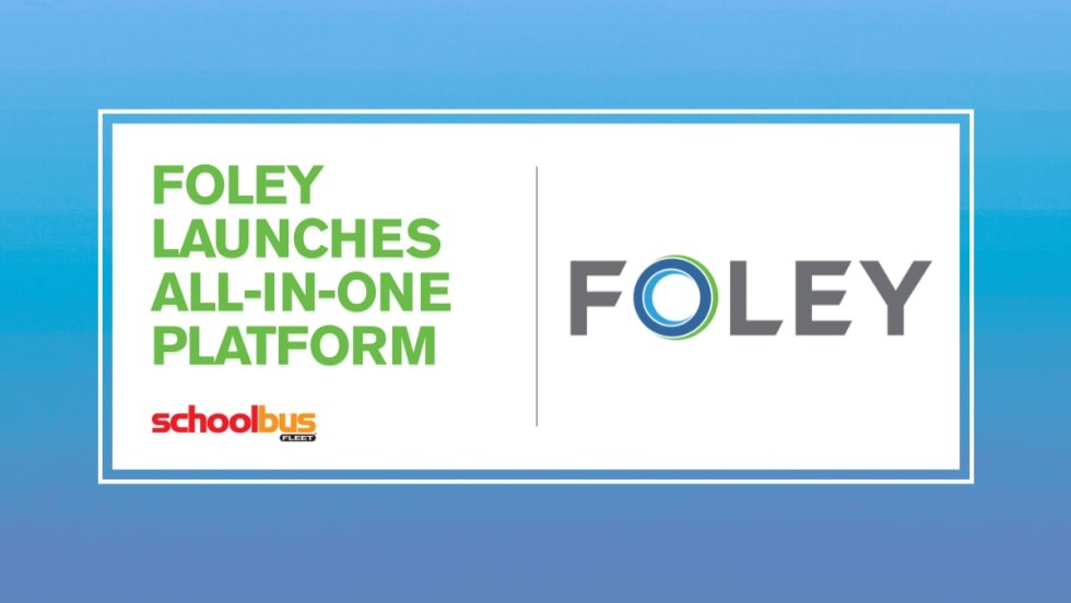 Blue, white and green graphic with a Foley logo and text reading "Foley Launches All-in-One Platform."