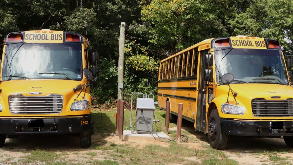 Two school buses parked next to each other. 
