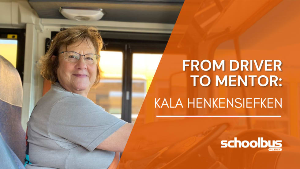Kala Henkensiefken poses for a photo in the driver's seat of a school bus. Text reads: "From Driver to Mentor: Kala Henkensiefken."