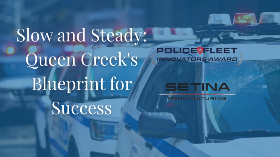 A background of cop cars with the title "Slow and Steady: Queen Creek's Blueprint for Success."