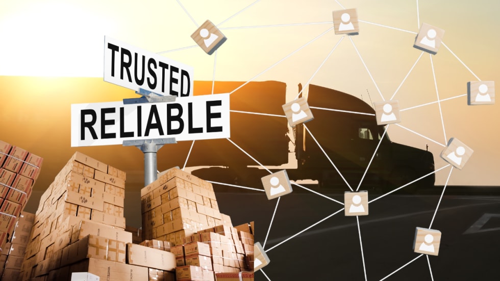 Illustration showing truck on highway, boxes of freight, communication, reliability