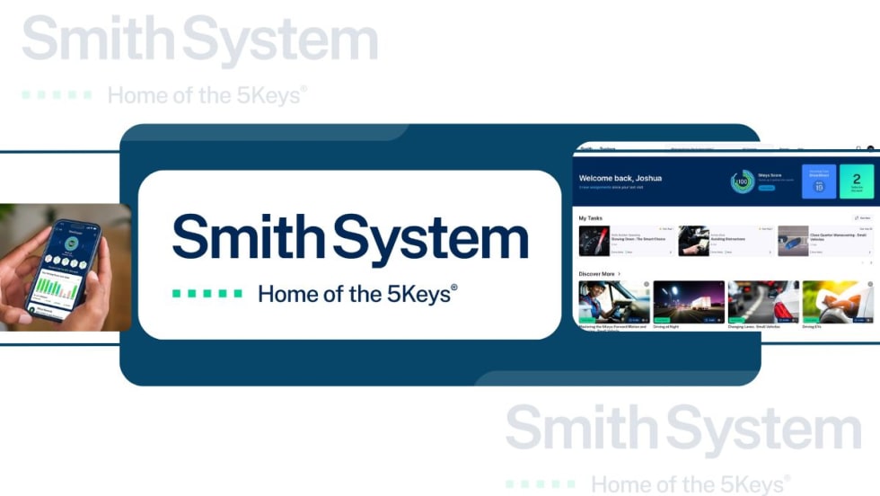 Smith System graphic featuring a smartphone with driver performance analytics, a dashboard interface with learning modules and task tracking, and the company’s tagline 'Home of the 5Keys."