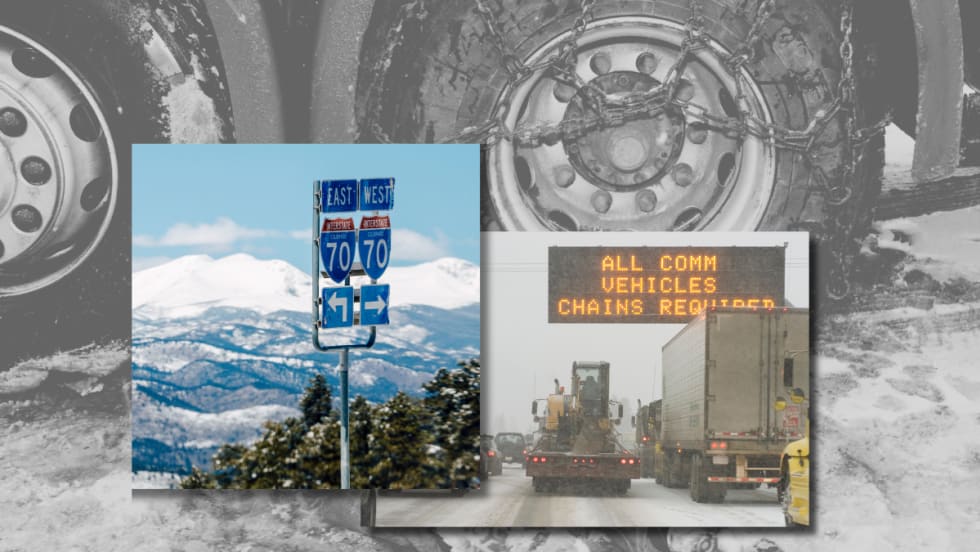 Illustration of truck tire chains and Colorado snowy highways