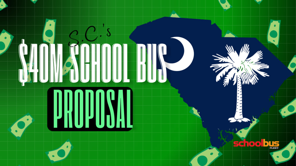 an outline of south carolina, overlay of money, and text that says "S.C's $40M school bus proposal"