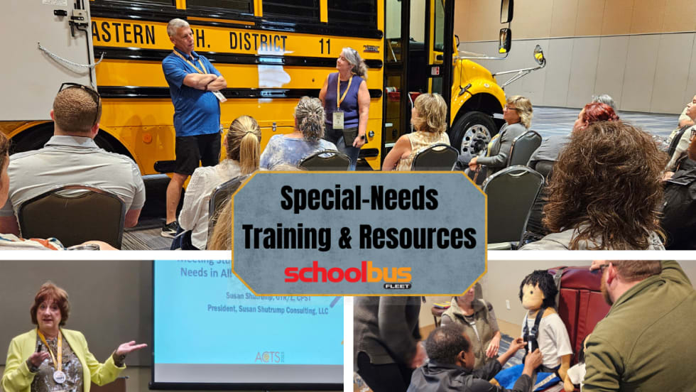 Composite image showing school transportation professionals participating in special-needs training sessions, including hands-on demonstrations and classroom instruction, with a school bus visible in 