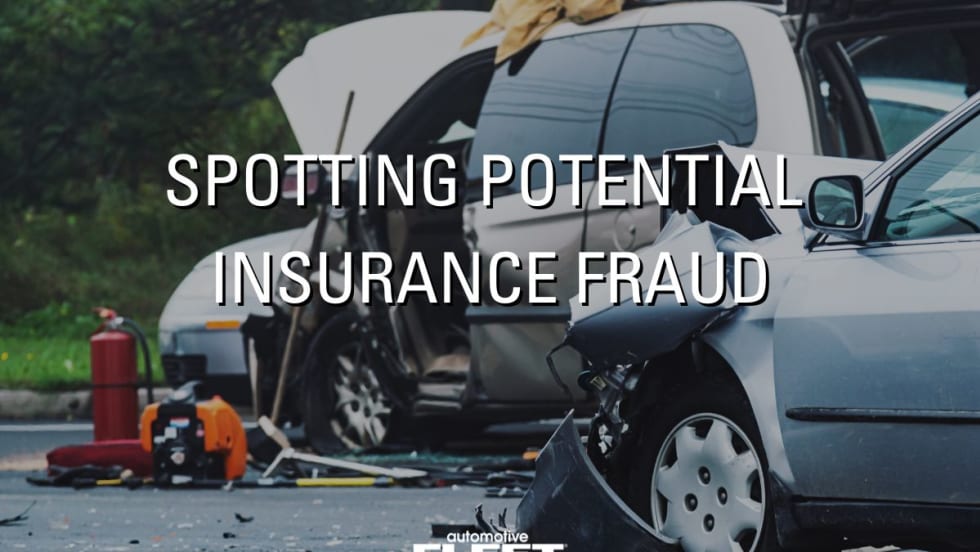 Two vehicles in a collision with the title "Spotting Potential Insurance Fraud" overlayed and the Automotive Fleet logo at the bottom.
