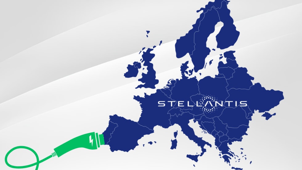 Graphic of a map of Europe with the Stellantis logo and a green EV charging cable, illustrating the automaker’s new affordable small electric vehicle project in Europe.
