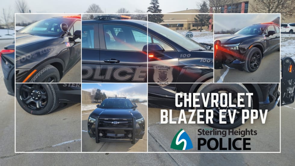 A collage of a black Sterling Heights upfitted police car is shown.