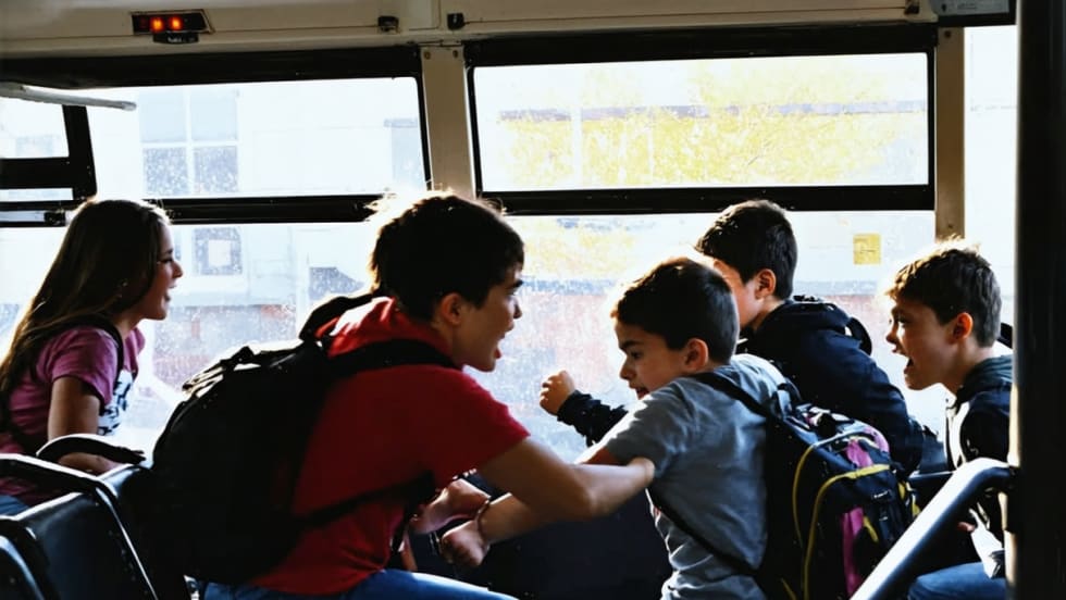 An image of students engaged in a physical altercation inside a school bus, capturing a moment of conflict and tension.