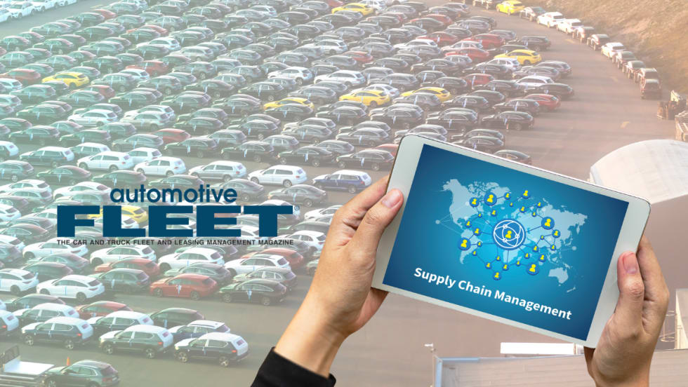 Photo of hundreds of cars in parking lot and tablet with "supply chain management" written on it.