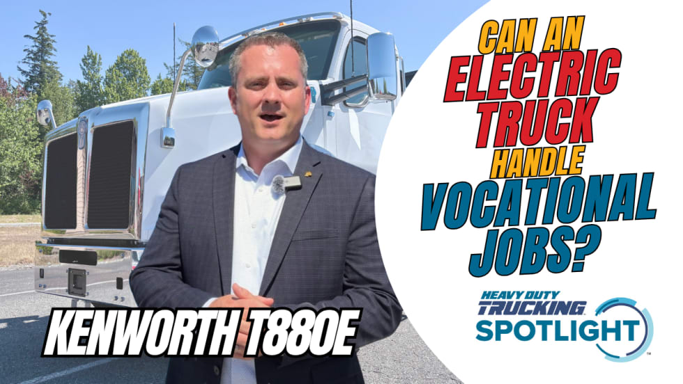 YouTube thumbnail showing Kenworth T880e electric truck and KW marketing director Kyle Kimball.