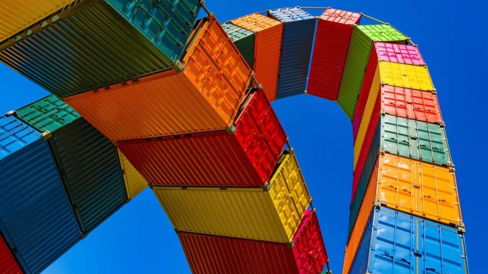 Colorful aerial arcs of shipping containers.