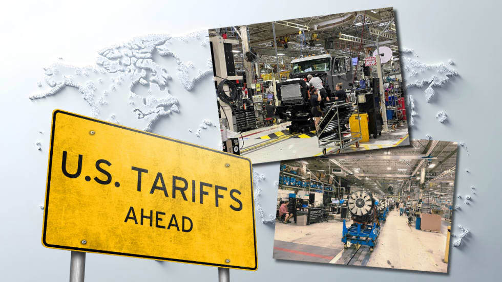 Illustration of tariffs with photos of truck manufacturing and a "US Tariffs Ahead" sign