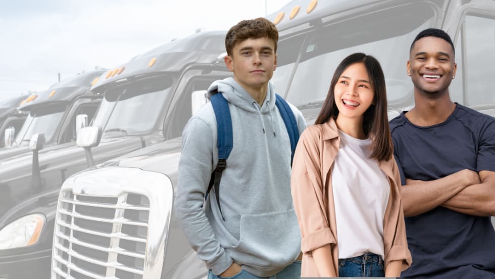 A group of diverse young people in front of a line of heavy-duty trucks.