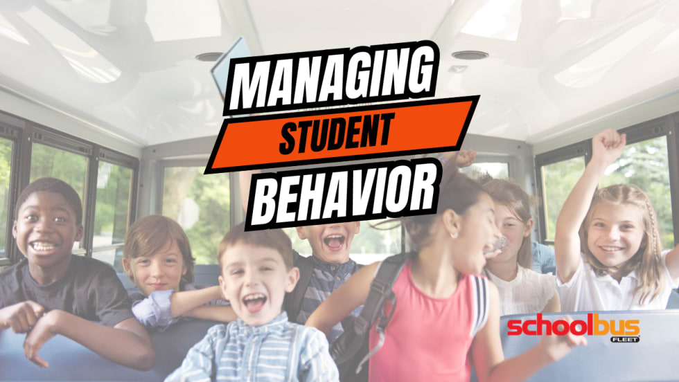  a photo of excited students inside a school bus with text overlay that reads "managing student behavior" and the SBF logo