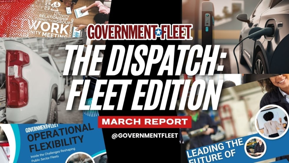 the dispatch text with images of vehicles, women in fleet, and ev charging. 