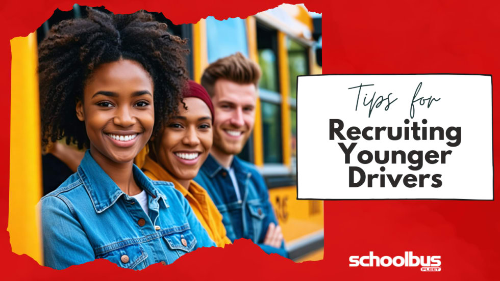 An image of a diverse group engaged in a dynamic recruitment campaign targeting Millennials and Gen Z to become school bus drivers, featuring three individuals confidently looking at the camera.