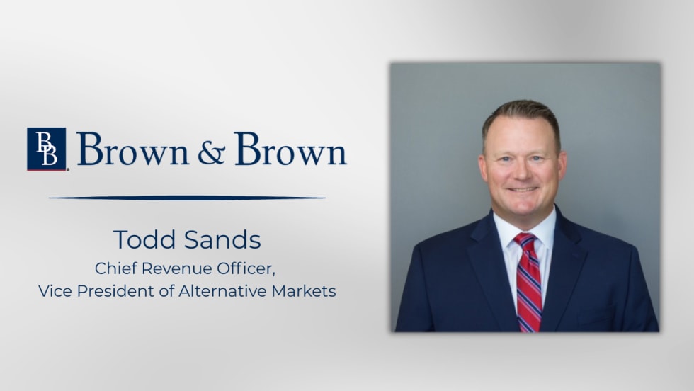Portrait of Todd Sands with Brown & Brown branding, announcing his appointment as chief revenue officer and vice president of alternative markets.