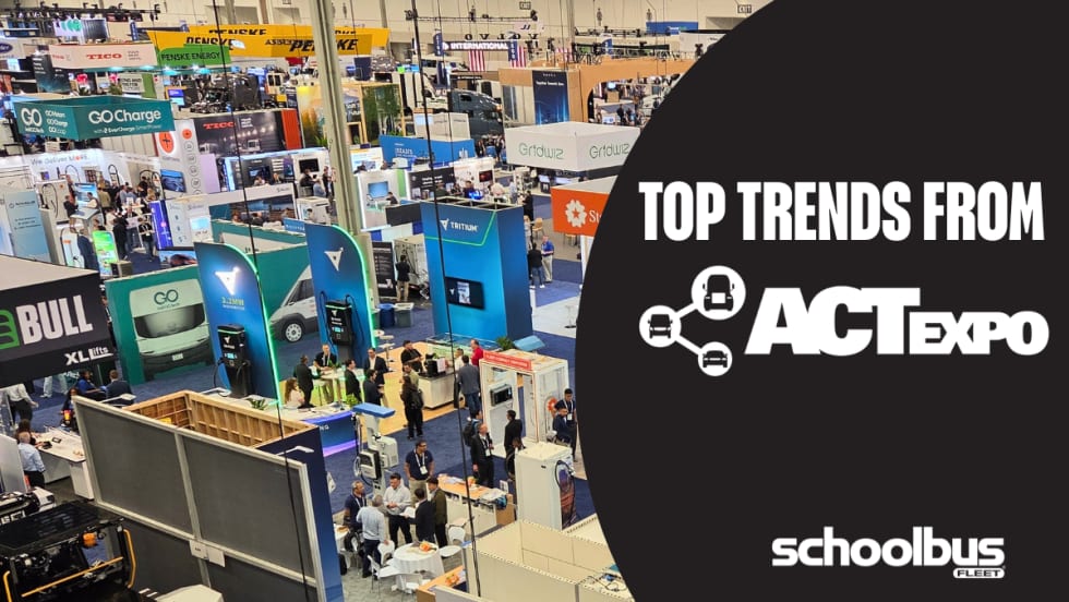 Graphic showing a wide overhead view of the ACT Expo 2026 trade show floor filled with exhibitors, charging technology displays, and attendees. A black overlay on the right side features the text “Top Trends from ACT Expo” alongside the ACT Expo logo and School Bus Fleet branding.