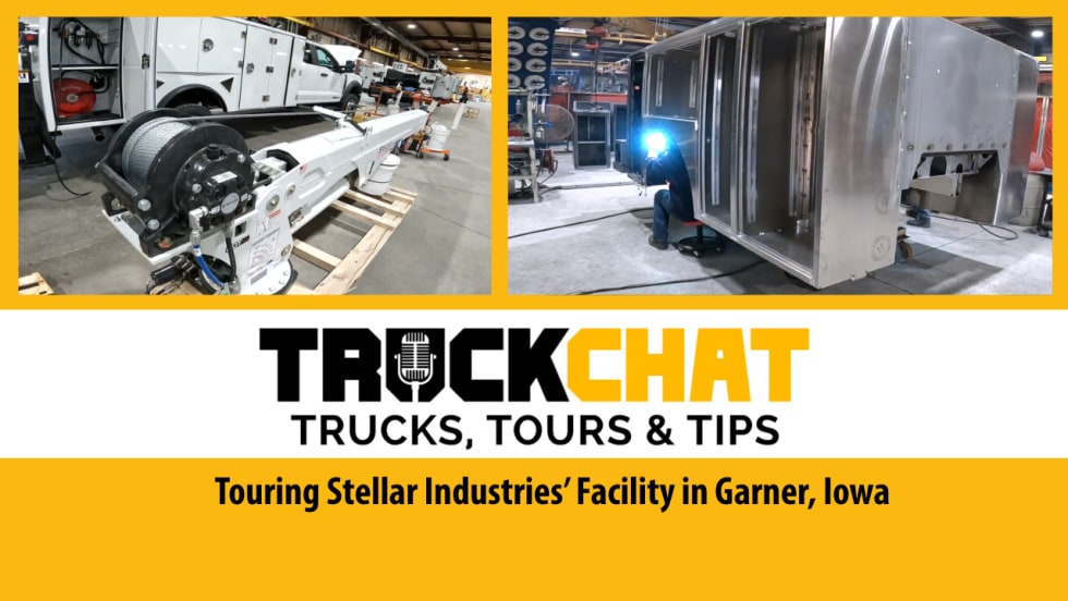 Thumbnail for video series Truck Chat: Trucks, Tours & tips featuring a tour of Stellar Industries' manufacturing facility in Garner, Iowa. Two inset manufacturing photos.