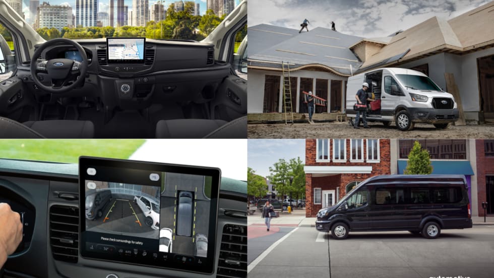 An Automotive Fleet photo collage includes four photos of the new upgrades on the 2026 Ford Transit van.