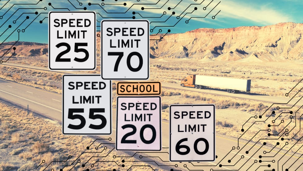 Illustration of speed limit signs with truck on highway in background
