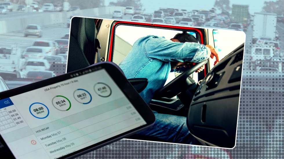 Illustration of tired truck driver, electronic logging device, and traffic congestion