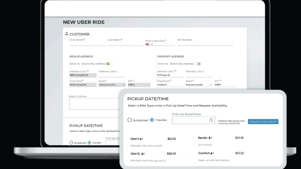 Uber ride reservation pane on a computer screen.