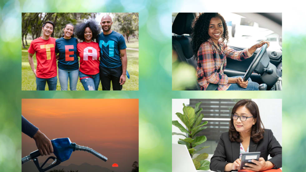 Collage of people, fuel pump, budget savings