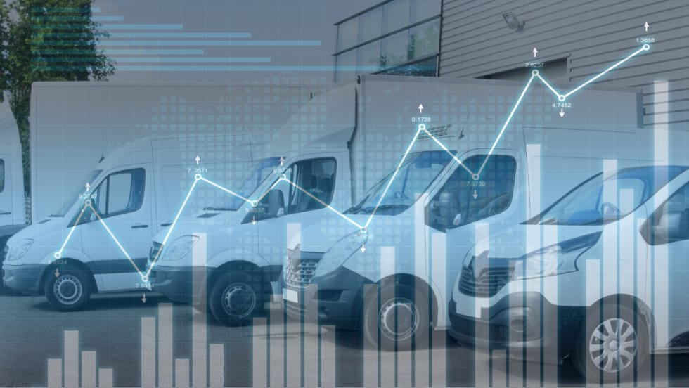 line of trucks and vans, graph overlay